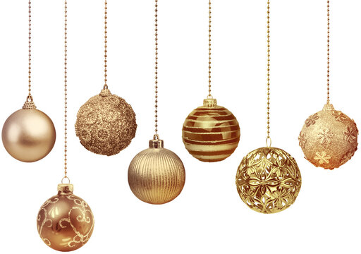 Seven golden decoration Christmas balls collection hanging isolated