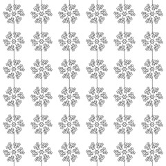 Line drawing in black on white background. Vertical pattern of flowers, leaves repeating, seamless.