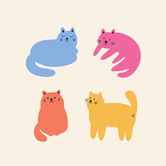 Set of adorable cats. Playful sweet kitty pets. Flat cartoon illustration isolated on white background.