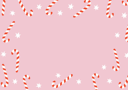A Candy Cane Border On A Pink Background. Hand Drawn Simple Illustration. Isolated Vector Graphic. Great For Social Media Post, Promotion, Advertising, or Holiday Greeting Card.