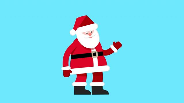 Santa Claus waves his hand. Cartoon Santa welcomes. 2d animation.