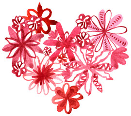 Pink floral heart. Watercolor hand painted valentines illustration