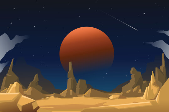 Rock Stone Desert Surface Terrestrial Planet mars Landscape with Starry Dark Sky on Outer Space Backrgound Vector Illustration, good for Game Resource and Science Fiction Education Astronomy Content