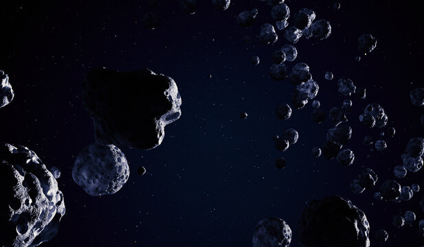 Asteroid field in the outer space. 3D rendering.
