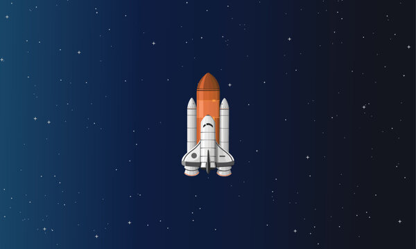Rocket Space Shuttle or Spaceship Launch and Fly on the Dark Starry Sky in Outer Space Vector Illustration, Good for Banner Poster about Science Education Astronomy Web Wallpaper Content