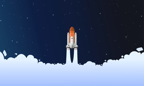 Rocket Space Shuttle or Spaceship Launch and Fly on the Dark Starry Sky with Cloud in Outer Space Vector Illustration, Good for Banner Poster about Science Education Astronomy Web Content