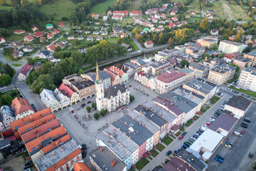 Fototapeta na wymiar Lądek Zdrój old town square aerial shot.