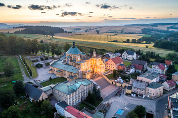 Wambierzyce Basilica and Sanctuary aerial image at dawn in the summer, view from the east side.