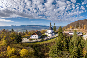 Maria Sniezna Sanctuary, Igliczna mountain, Poland aerial shot from behind.