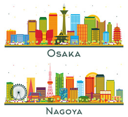 Nagoya and Osaka Japan City Skyline Set.