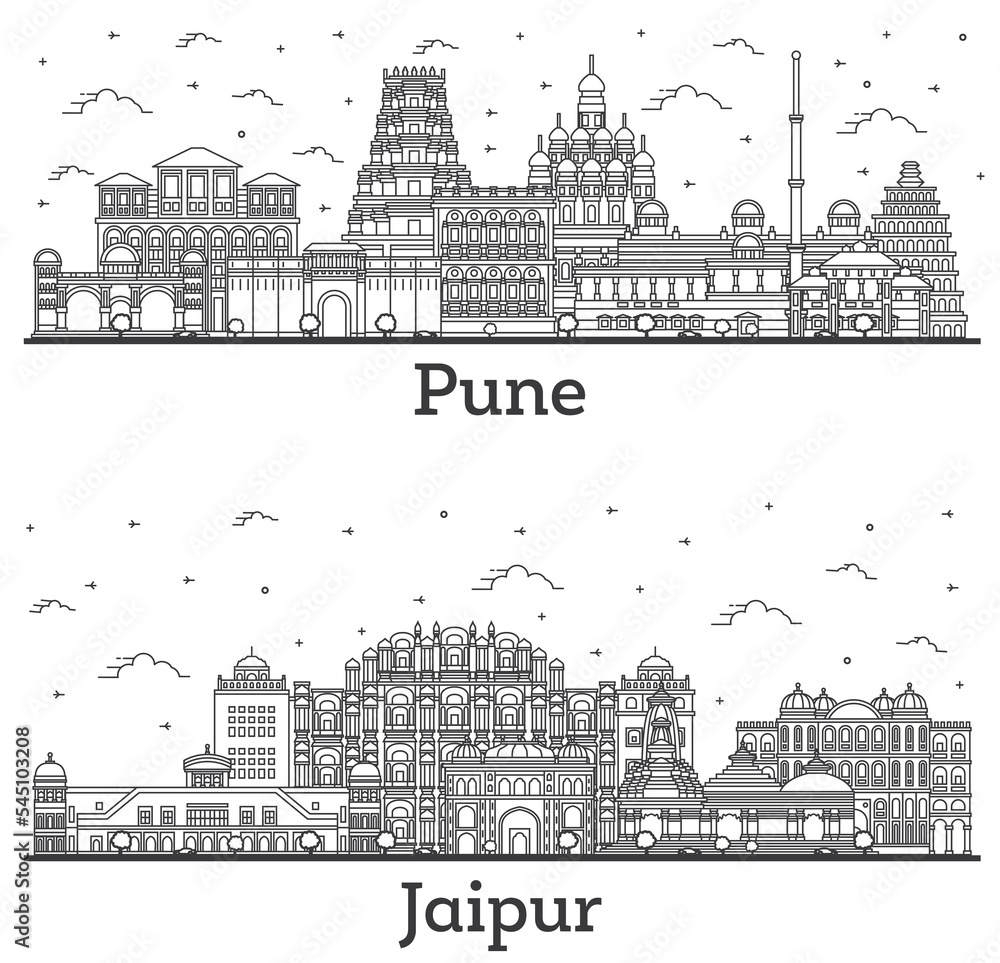 Wall mural outline jaipur and pune india city skyline set.