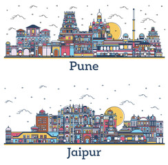 Outline Jaipur and Pune India City Skyline Set.