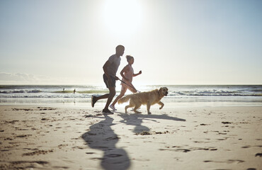 Couple, beach and running with dog for health, wellness or exercise. Mock up, diversity and man,...