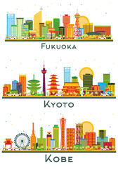 Kobe, Kyoto and Fukuoka Japan City Skyline Set.