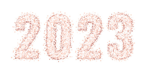 Shiny number 2023 of pink gold glitter or confetti, isolated on a white background. Design for Happy New Year, Merry Christmas, Wedding.