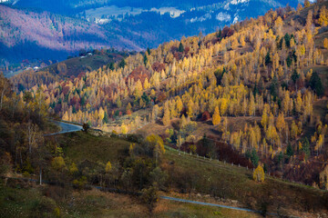 Fototapeta premium A charming mountain landscape in Carpathians, Romania. Autumn nature in Brasov, Europe