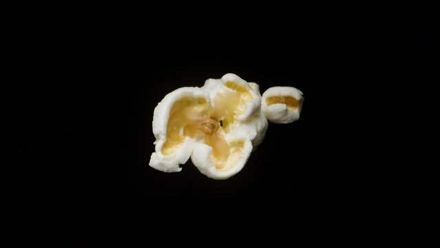 one torn grain of salted popcorn rotates on a black background, close-up.