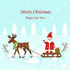 Christmas greeting card. Santa, reindeer and sleigh with gifts on the background of Christmas trees and snowdrifts.