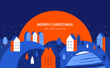 Winter urban landscape in geometric minimal flat style. New year and Christmas city at night with snowdrifts, falling snow, trees. Festive small town panorama. Abstract horizontal banner with text.