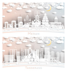 Tangerang and Medan Indonesia City Skyline Set in Paper Cut Style.