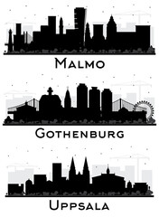 Gothenburg, Uppsala and Malmo Sweden City Skyline Silhouette Set.