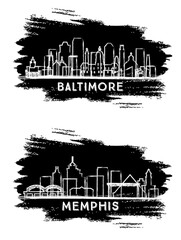 Fototapeta premium Memphis Tennessee and Baltimore Maryland City Skyline Silhouette Set.