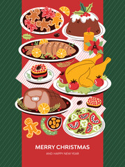 Merry Christmas and happy New Year greeting card, poster, banner. Festive family New Year eve dinner. Traditional holiday food. Top view. Colorful cartoon flat vector illustration of christmas table.