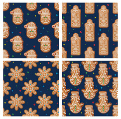 Patterns with Gingerbread Snowman, House, Snowflakes and Santa Claus on Blue.