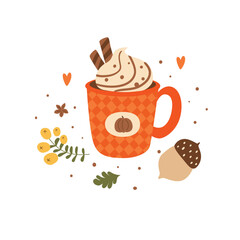 Pumpkin spice latte hand drawing isolated element. Cozy autumn hot drink decorated fall leaves, berry, acorn in cute cartoon style. Fall season greeting vector illustration.
