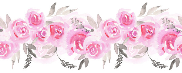 Pink watercolor roses seamless border. Hand painted illustration