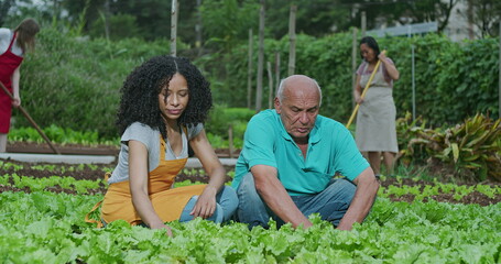 Group of people farming at community garden plantation. South American farmers cultivating organic food at local urban farm. Diversity and sustainability concept