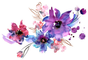 Purple watercolor hand painted floral composition