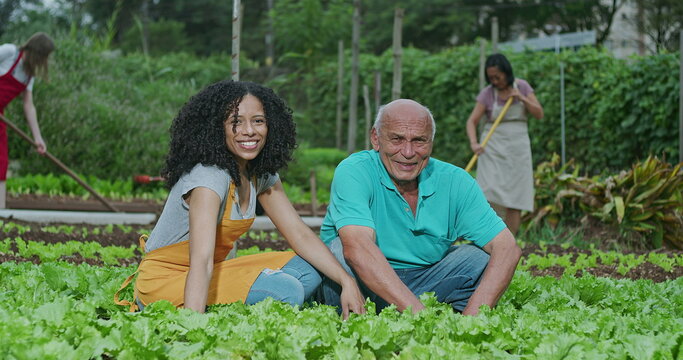 Portrait of two diverse people farming outdoors smiling at camera with workers in background cultivating organic food using instruments for cultivation. Happy South American community gardeners