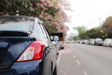 Closeup of rear, back side of black car parking beside the street.