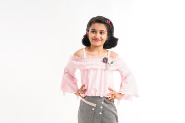 Cute indian little girl giving expression on white background