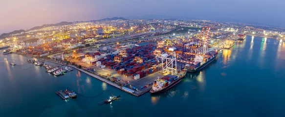 Tuinposter Shipyard Cargo Container Sea Port Freight forwarding service logistics and transportation. International Shipping Depot Custom Port for import export trade Transport Business manufacturing shipping  © Yellow Boat