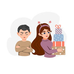 Cute girl holding a stack of gift boxes in front of her. The boy is offended and upset. Flat style vector illustration isolated on white background.