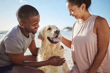 Love, dog and couple being happy, smile or bonding on beach, vacation or outdoor together. Romance,...
