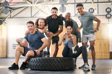Fitness, gym and group of people portrait for workout teamwork, collaboration and motivation with...