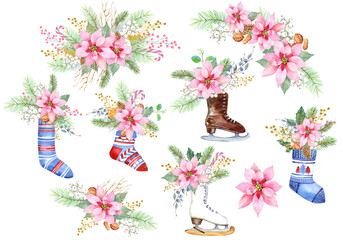 Pink poinsettia bouquet, winter flowers, skates. Happy new year christmas card. Isolated element on a white background. Hand drawn in watercolor. Stock illustration. 