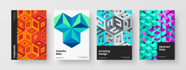 Vivid geometric pattern company cover illustration bundle. Fresh booklet A4 vector design template set.