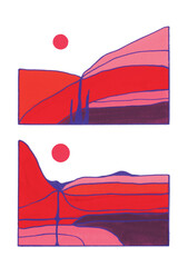 A volcanic minimal landscape painting of geological rock strata cross section with sun moon orb in red, purple and brown