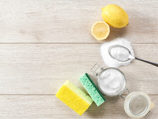 house care natural healthy cleaning with baking soda and lemon, top view.