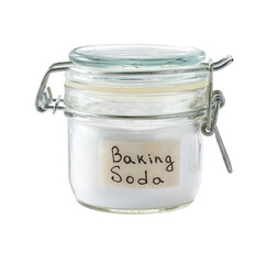 baking soda in a glass storage jar isolated on white background.