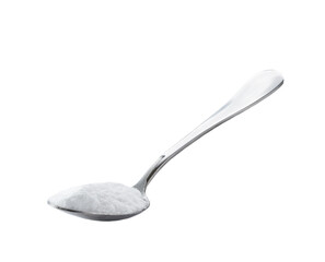 baking soda in a metal spoon isolated on white background.