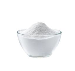 baking soda in a clear glass bowl isolated on white background.