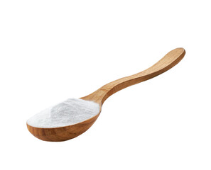 baking soda in a wooden spoon isolated on white background.