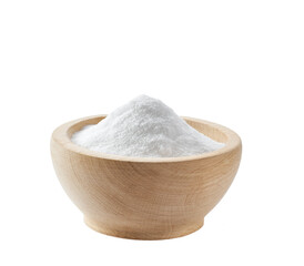 baking soda in a wooden bowl isolated on white background.