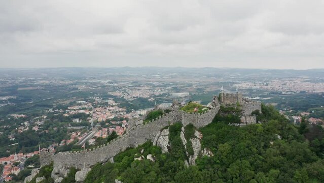 Flying over castle of moors Sintra Portugal