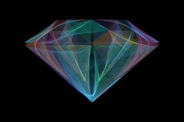 Abstract illustration of a mesh diamond symbol. Geometric gemstone neon icon. Holographic effect